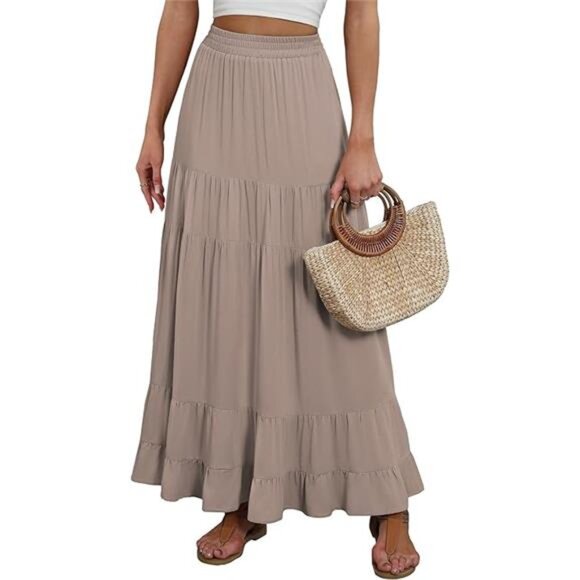 Womens Maxi Skirt High Waist Tiered A Line Flowy Pleated Boho Beach Vacation - Picture 7 of 7
